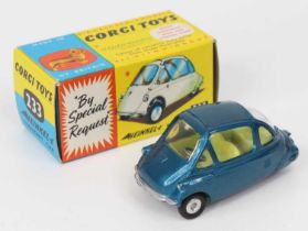 Corgi Toys, 233 Heinkel Economy Car, metallic blue body with yellow interior, flat spun hubs, all