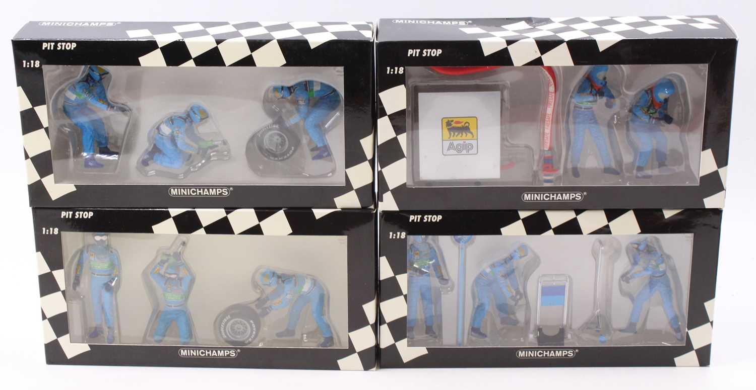 Minichamps group of Four boxed Benneton 1/18 pit stops sets to include; tyre change set, jack set,