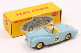 Dinky Toys, 107 Sunbeam Alpine Sports, pale blue body with cream interior and cream rigid hubs,