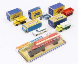 A collection of boxed and carded Matchbox diecast vehicles to include a Matchbox 900 TP-23 Firestone