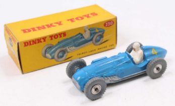 A Dinky Toys No. 230 Talbot-Lago racing car having blue body, white driver figure and silver hubs,