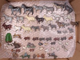 One tray containing 60+ various Britains and other lead farm miniatures and accessories to include