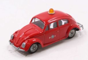 Tekno 819 Volkswagen Saloon Beetle, P1 Fire Department, comprising red body with orange roof light