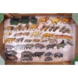 One tray containing 60+ various Britains and similar lead zoo animals and figures to include