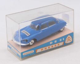 A Minialuxe plastic model of a Citroen DS21 (Presse) comprising two tone blue body with black