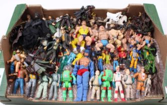 A tray of action figures including Mego batman 1974, Mego Joker 1974 bendy, vintage