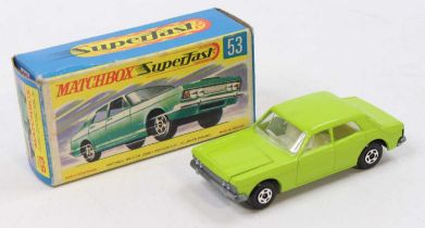 A Matchbox Superfast No. 53 Ford Zodiac in pea green with cream interior, housed in the original