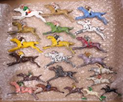 A collection of Chad Valley and similar lead hollow cast European jockeys and horses, 14 complete, 7