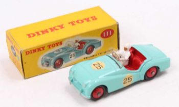 A Dinky Toys, No.111 Triumph TR2 Sports, near mint model in aqua green/blue body, red hubs, red