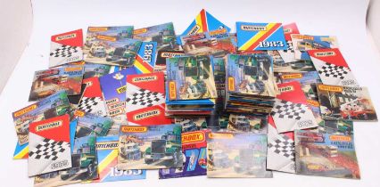 One tray containing a large selection of mixed Matchbox model catalogues ranging from late 1970s