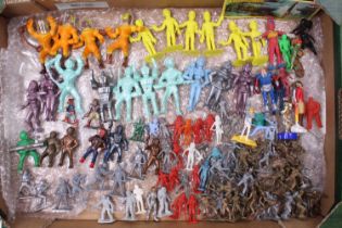 A tray of vintage toy Space figures and sci-fi figures, monsters and demons. Comansi Thunderbirds,