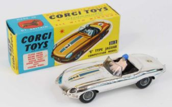 Corgi Toys, 312 'E' type Jaguar competition model, silver vacuum plated, RN2, driver, spoke