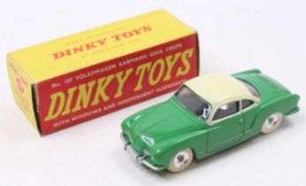 Dinky Toys 187 VW Karmann Ghia Coupe in green body and cream roof, spun hubs with white tyres in