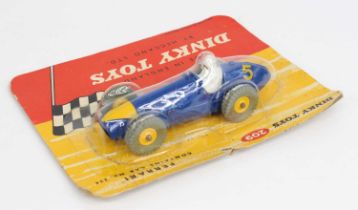 Dinky Toys No. 209 Ferrari racing car comprising of blue body with yellow triangular nose cone and