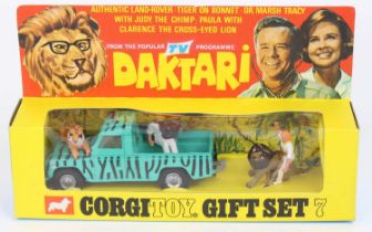 Corgi Toys Gift Set 7 Daktari Land Rover - finished in green with black stripes, lemon interior