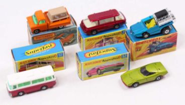 Matchbox Lesney Superfast boxed group of five to include; No.12 Setra Coach, No.22 Freeman Inter-