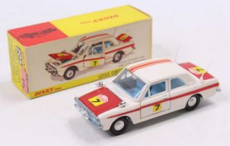 Dinky Toys No. 205 Lotus Cortina rally car, comprising of white and red body with blue interior