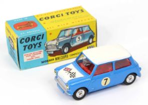 Corgi Toys No. 227 Morris Mini Cooper competition model, comprising of blue and white body with