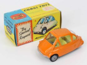 Corgi Toys No. 233 Heinkel Economy Car comprising orange body with lemon yellow interior with