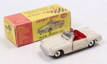 Dinky Toys No. 113 MGB sports car comprising cream body with red interior and driver figure, sold in