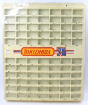 Matchbox Lesney 1-75 miniature retailers shop display case, display has 77 model compartments,