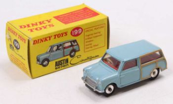 A Dinky Toys No. 199 Austin Seven Countryman comprising blue body with red interior and spun hubs,