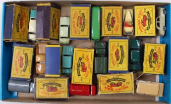 One tray containing 12 various boxed Matchbox First Series diecast vehicles, all boxes with some