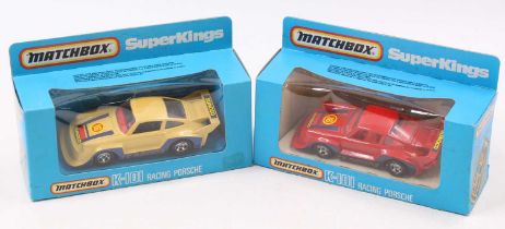 A Matchbox Superkings K-101 racing Porsche boxed diecast group, one example finished in red and