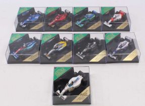 Nine F1 diecast models by Heritage to include Ferrari 412 T1 Gerhard Berger, No. 204 Benetton Ford