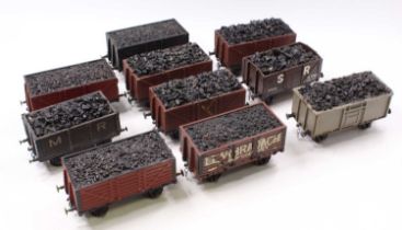 Gauge 1. Set of ten 4-wheel coal wagons with coal loads, older style wooden wagons, built without
