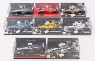 Nine Minichamps Formula F1 diecast models to include Honda 198 D Hill, Mclaren, Mercedes MP4-13 M