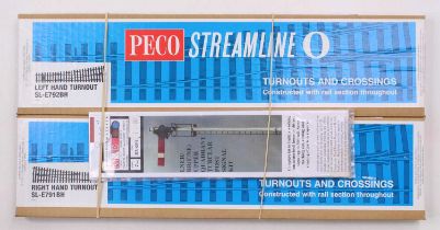 Three 0-gauge items: One each Peco Streamline 0-gauge right hand turnout SL-E791BH and left hand