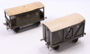 Two Gauge 1 wooden goods wagons, both LMS: Goods van, running No.39817 and goods brake van running