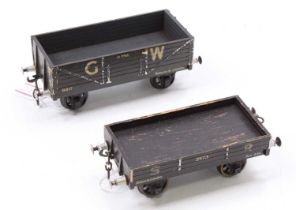 Two Gauge 1 wooden goods wagons: SR 3-plank running number 2573; GW 6-plank 12 ton, grey, running