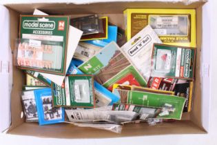 A very large shoe or boot box containing approx 40 packets of N-gauge items including model animals,