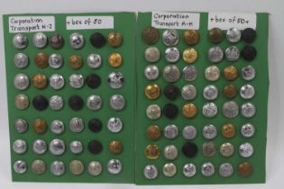 A Large collection of Corporation transport buttons arranged alphabetically A-M & N-Z displayed on