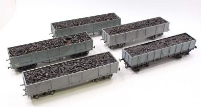 Gauge 1. Set of five LMS bogie open wagons with coal loads. Two probably built from Tenmille CR