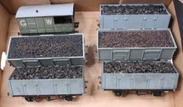 Gauge 1. Set of five long wheelbase 21 ton coal wagons with coal loads, grey (E). With a Bassett-