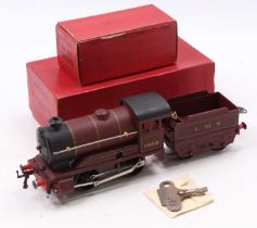 1949-54 Hornby 0-gauge No.501 0-4-0 clockwork loco & tender LMS maroon No.5600 with key. Sans