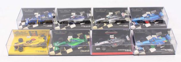 Eight Minichamps 1/43 scale models to include Mclaren, Mercedes MP4-14 M Hakkinen, Benetton Play