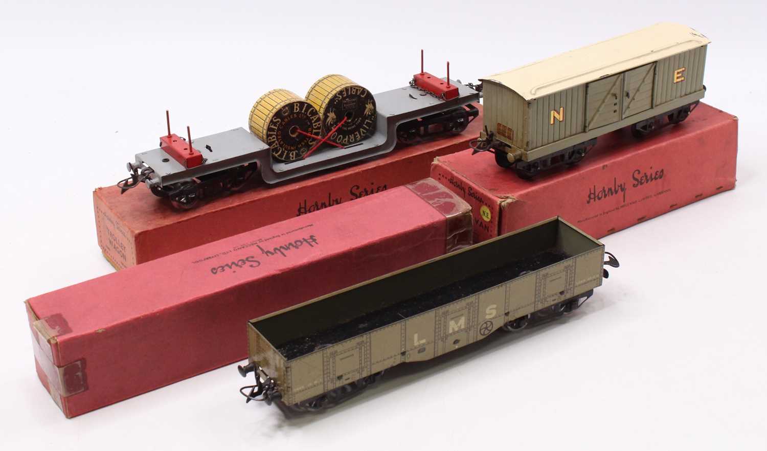 Three Hornby bogie wagons: 1936-41 No.2 High Capacity wagon LMS coal, all wheels replacements (