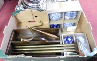 A collection of miscellaneous items to include glazed ceramic carpet bowls, cutlery tray, wig stand,