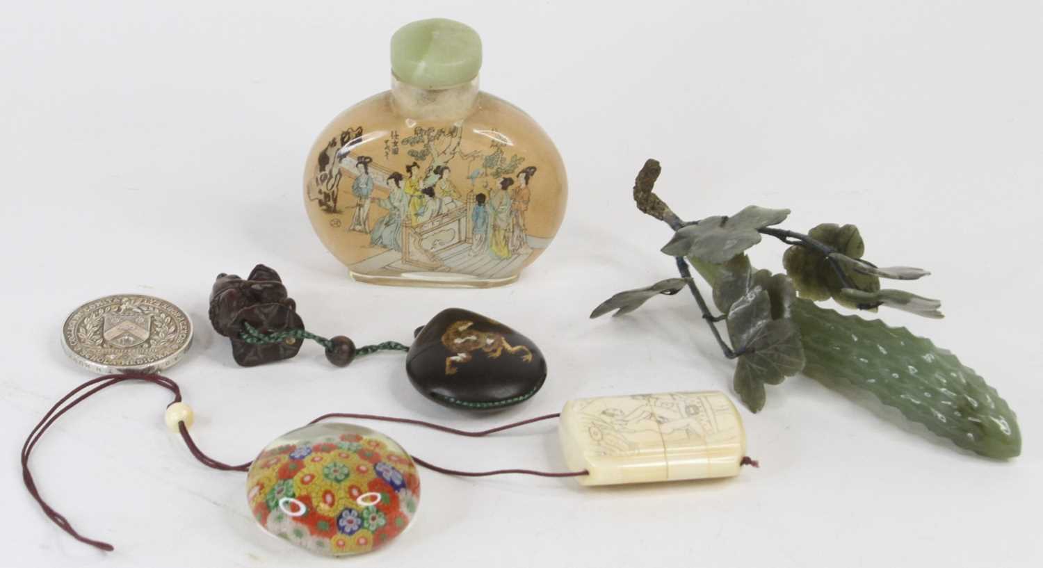A collection of Asian items, to include a Chinese glass scent bottle, carved Japanese netsuke etc