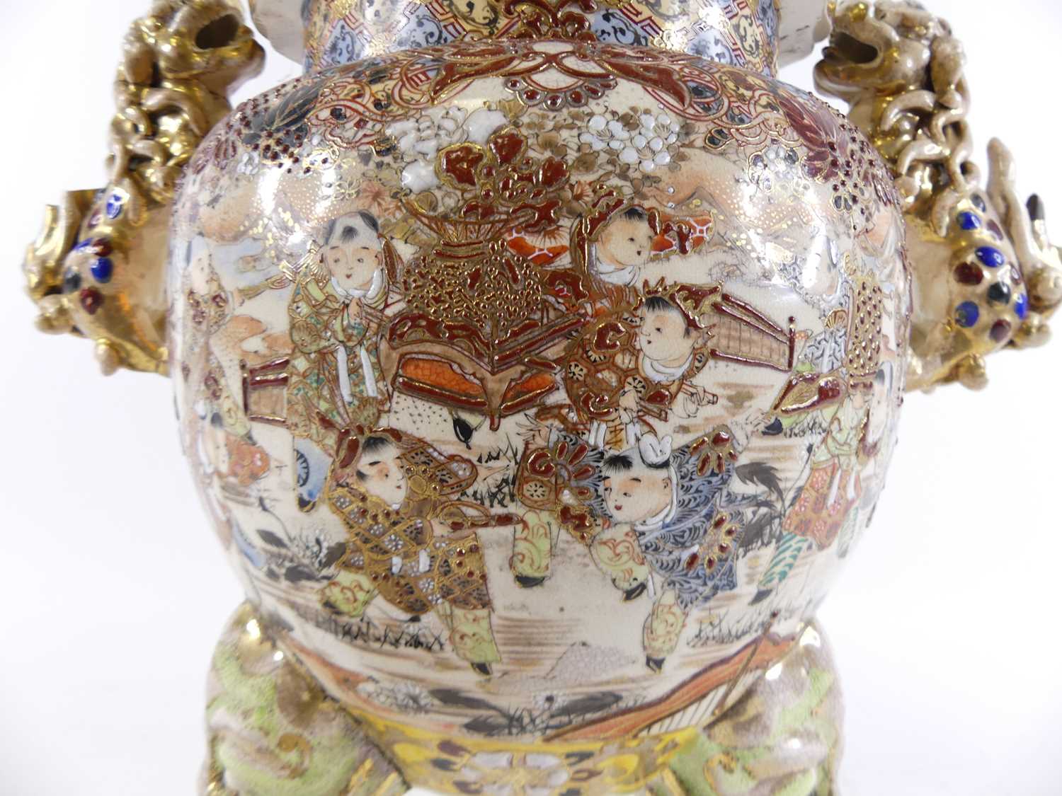 A Japanese satsuma koro, enamel decorated with figures, h.50cm (a/f) - Image 3 of 3