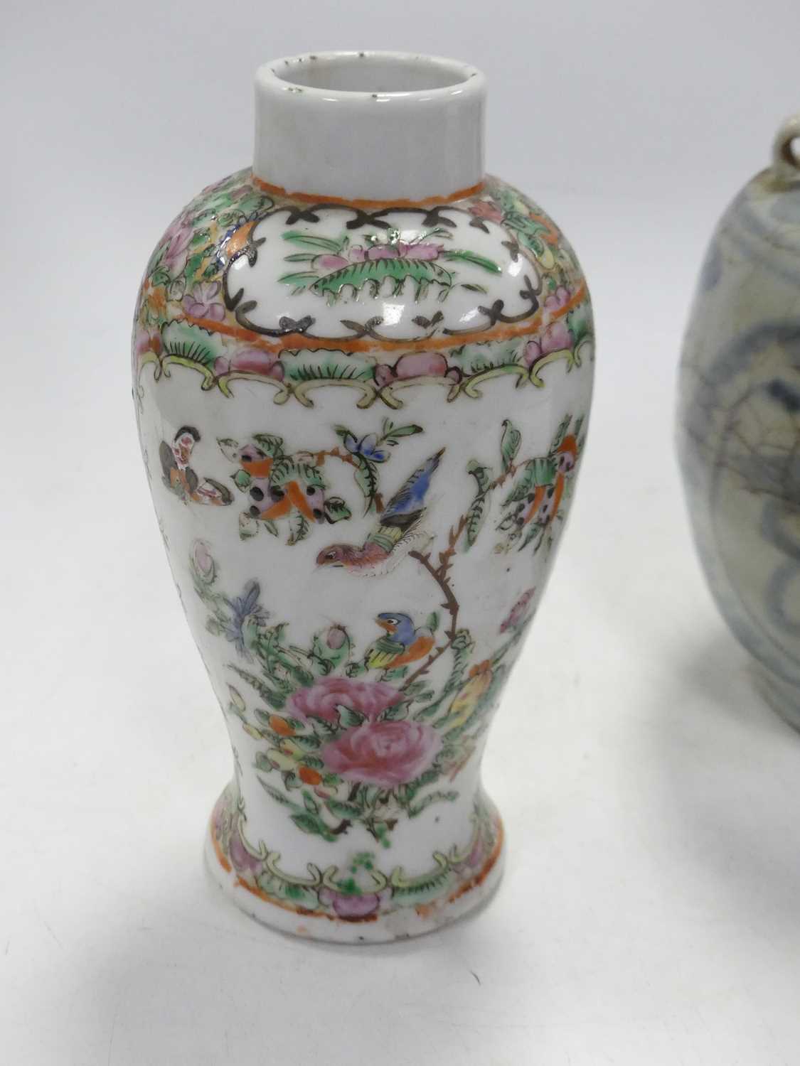 A Chinese Canton porcelain vase, of baluster form, enamel decorated with birds, h.19cm; together - Image 4 of 11