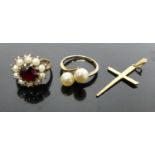 A 9ct gold, garnet and cultured pearl set flower head cluster ring, sponsor G&TJ, size M; together