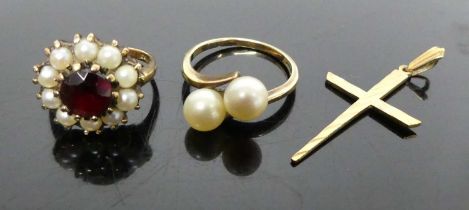 A 9ct gold, garnet and cultured pearl set flower head cluster ring, sponsor G&TJ, size M; together