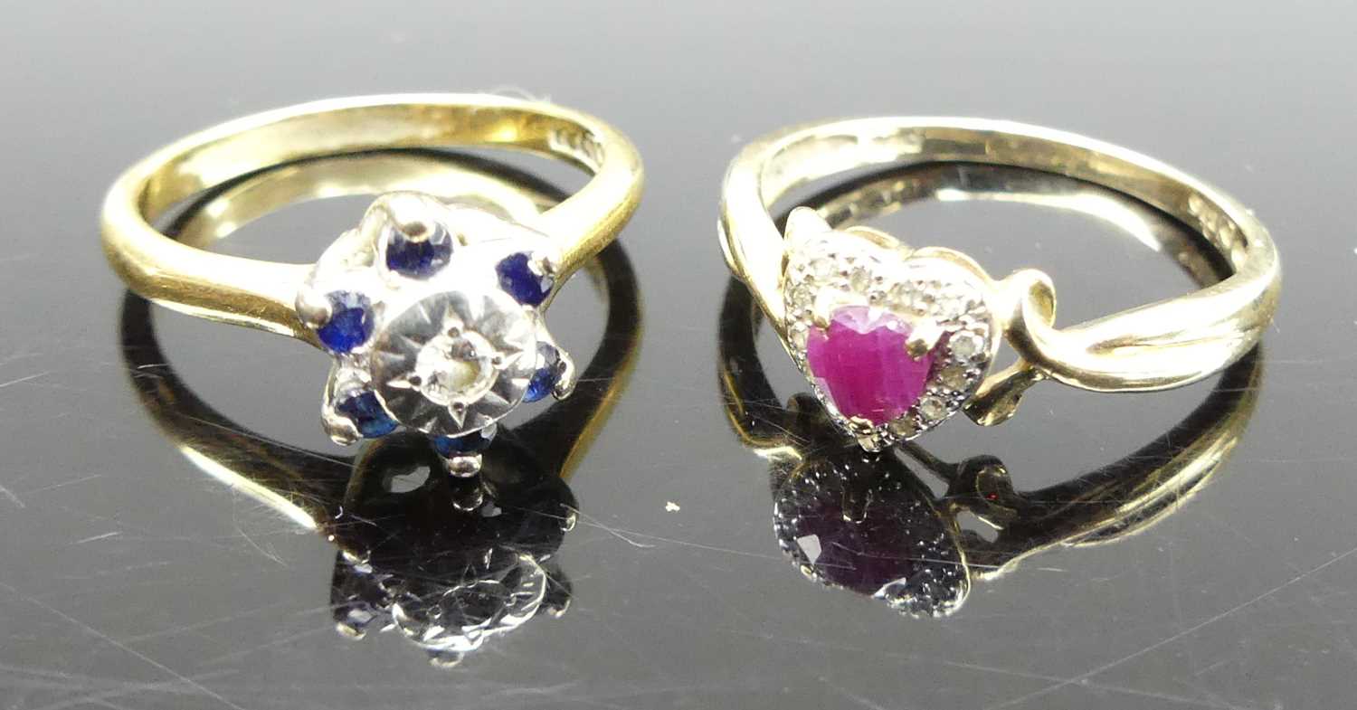 A Victorian style 9ct gold, ruby and diamond point set heart shaped setting dress ring, size L;