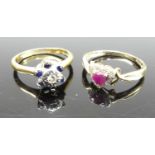 A Victorian style 9ct gold, ruby and diamond point set heart shaped setting dress ring, size L;