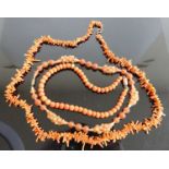 A natural coral long necklace, 70cm; together with a beaded coral single string necklace with yellow